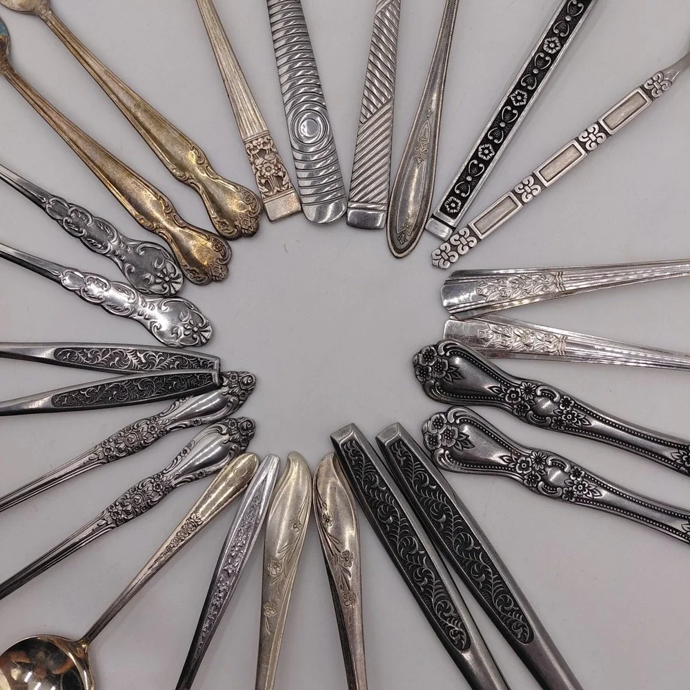 Vtg Flatware Mixed Lot 24 Ornate Fancy Patterns Silverware Jewelry Art Geometric